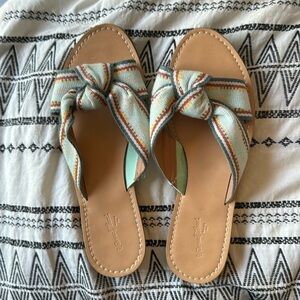 Women’s Brown Sandals with blue/green pattern. Worn once. Size 8.5